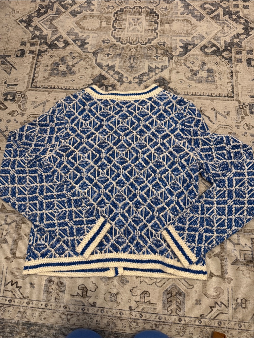 Elie Tahari Medium Blue Ivory Metallic Jacquard Knit Cardigan Jacket